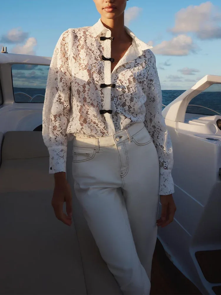 

2025 winter new women's clothing casual simple turn-down collar long sleeve bow lace shirt European and American style