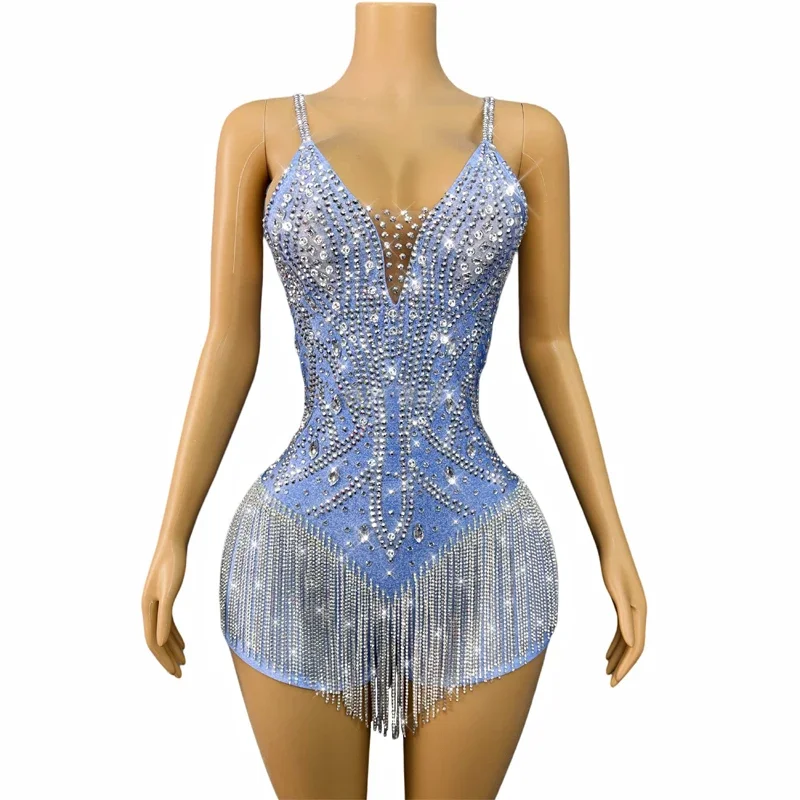 Body à franges avec strass bleus pour femmes, justaucorps à paillettes, tenue de défilé sur scène, Bar DJ, vêtements de Festival sur scène, Costume de Jazz
