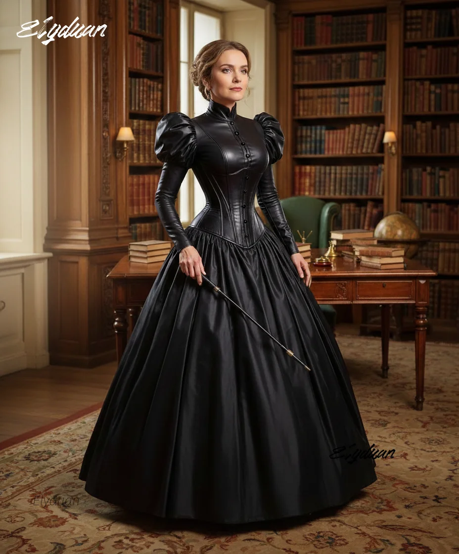 Gotisches schwarzes PU-Satin-Ballkleid, bodenlang, viktorianische Vintage-Abendkleider, Puffärmel, Cosplay-Kostüm, individuell gestaltet