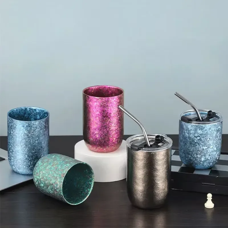 Double Layer Pure Titanium Insulated Cup 260 360ML Eggshell Crystal U-shaped Beer Mug With Lid Stainless Steel Straw Portable
