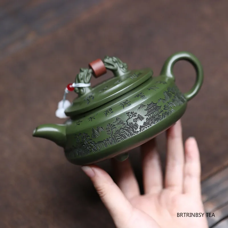 Chinese Yixing Purple Clay Teapot Raw Ore Green Mud Tea Pot Handmade Landscape Kettle Household Teaware Zisha Tea Set 260ml