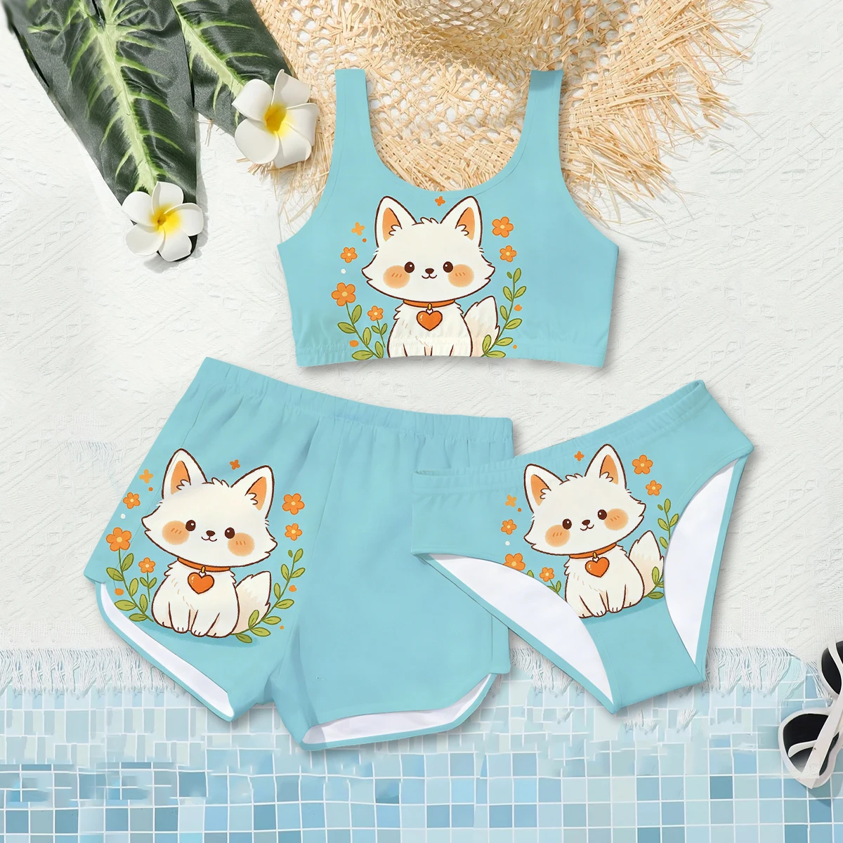 Girls' Summer Style Atmospheric Fox Fashion Three Piece Swimsuit Casual Sportswear