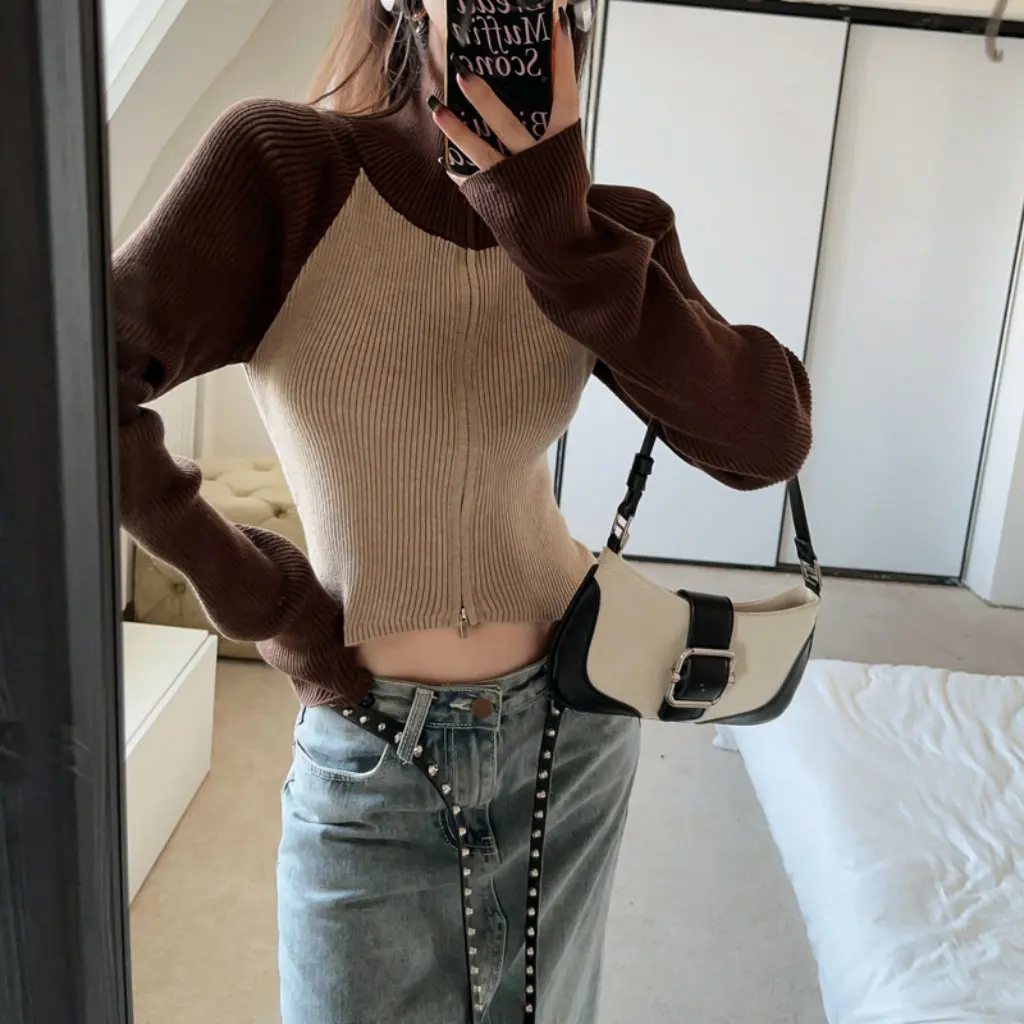 

Contrast Color Raglan Sleeve Double Zipper Knit Cardigan Short Turtleneck Sweater Slim Fit Spicy Girl Design for Autumn Winter