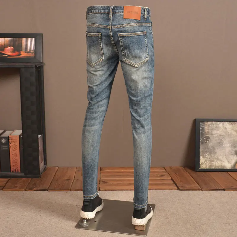 Fashion Streetwear Men Jeans Retro Washed Blue Elastic Slim Fit Ripped Jeans Men Vintage Designer Casual Denim Pants Hombre