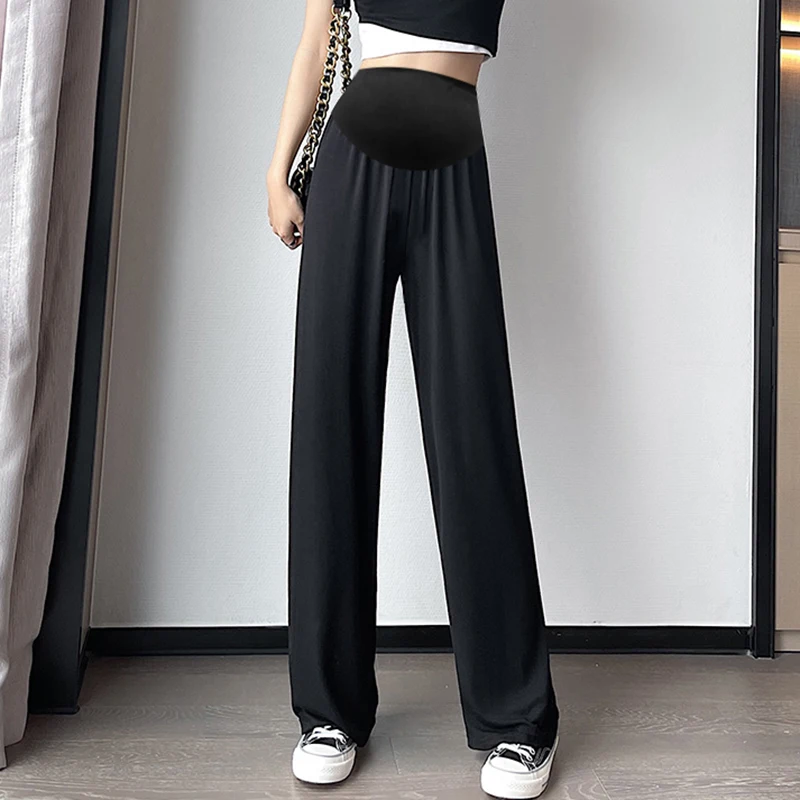 Summer Maternity Modal Pants Solid Color Wide Legs Anti Mosquito Trousers for Pregnant Woman Floor-length Loose Thin Beach Pants