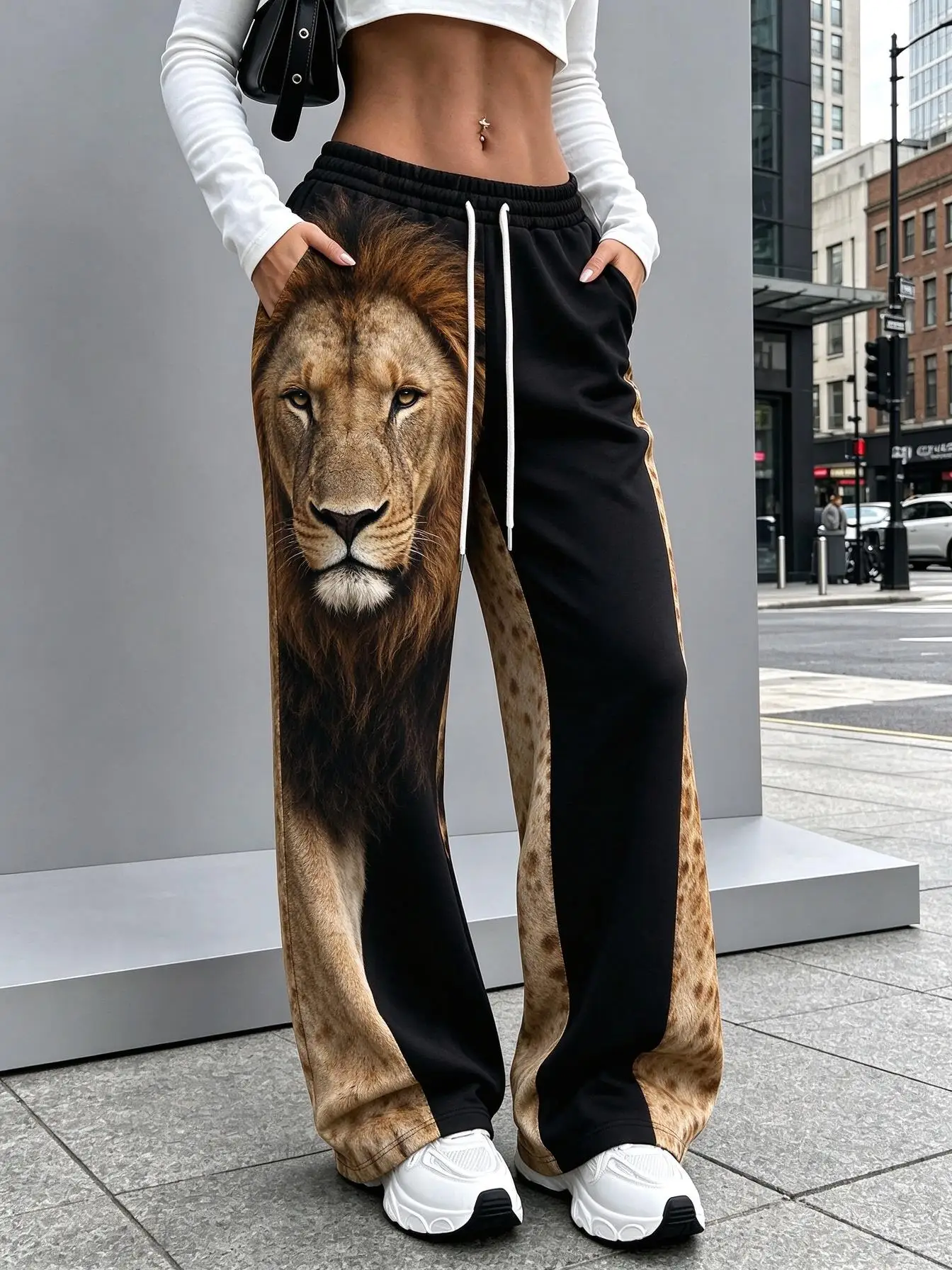 Women Animal Head Print Wide Leg Sweatpants Lion Wolf Leopard Graphic Drawstring Elastic Waist Loose Casual Trousers With Pocket