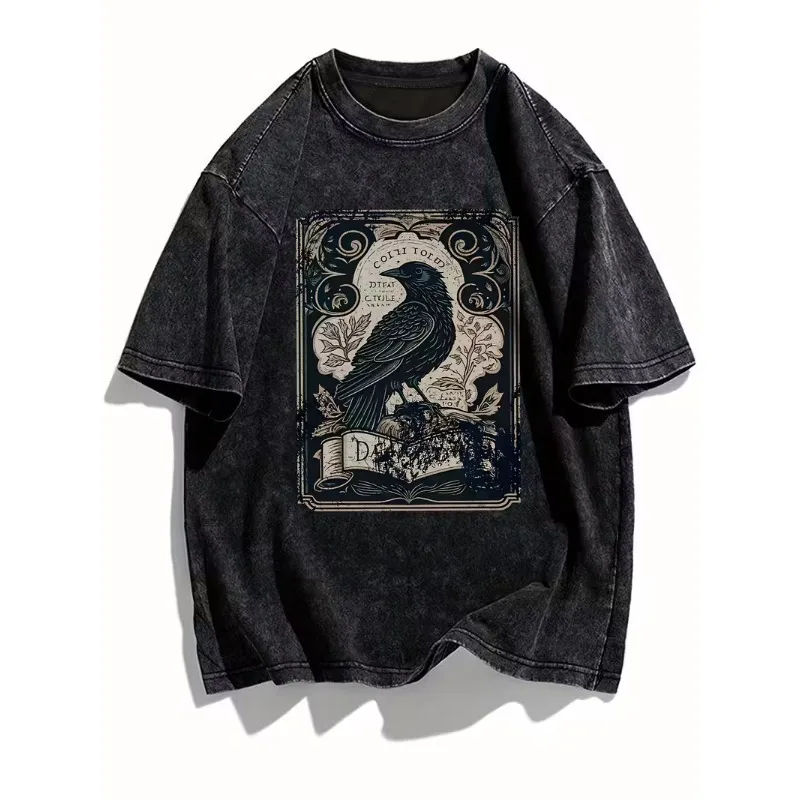 Vintage Gothic Raven Print T-Shirt Unisex Washed Black Crew Neck Oversized Tee Y2K Streetwear Short Sleeve for Daily Wear