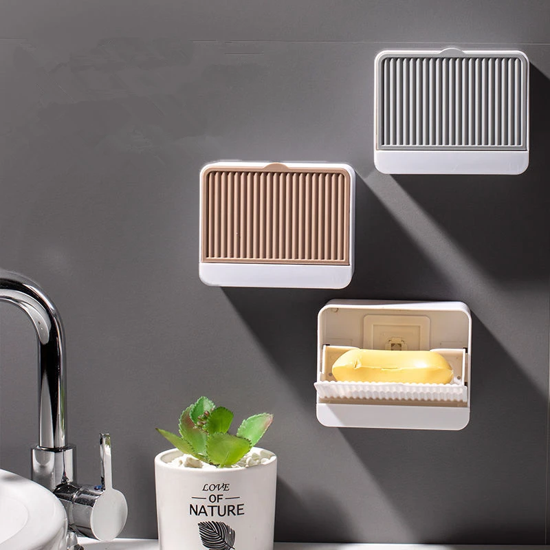 Creative Wall Mounted Soap Box with Lid Double Grids Soap Draining Rack Bathroom Soap Holder Bathroom Accessories