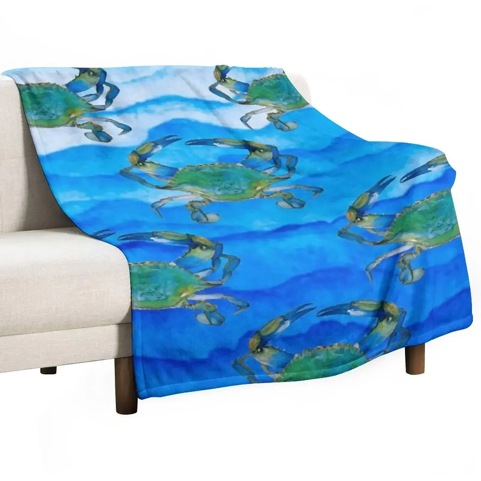 Blue Crab Oil Painting/Water Waves Watercolor Throw Blanket Bed linens Stuffeds Blankets