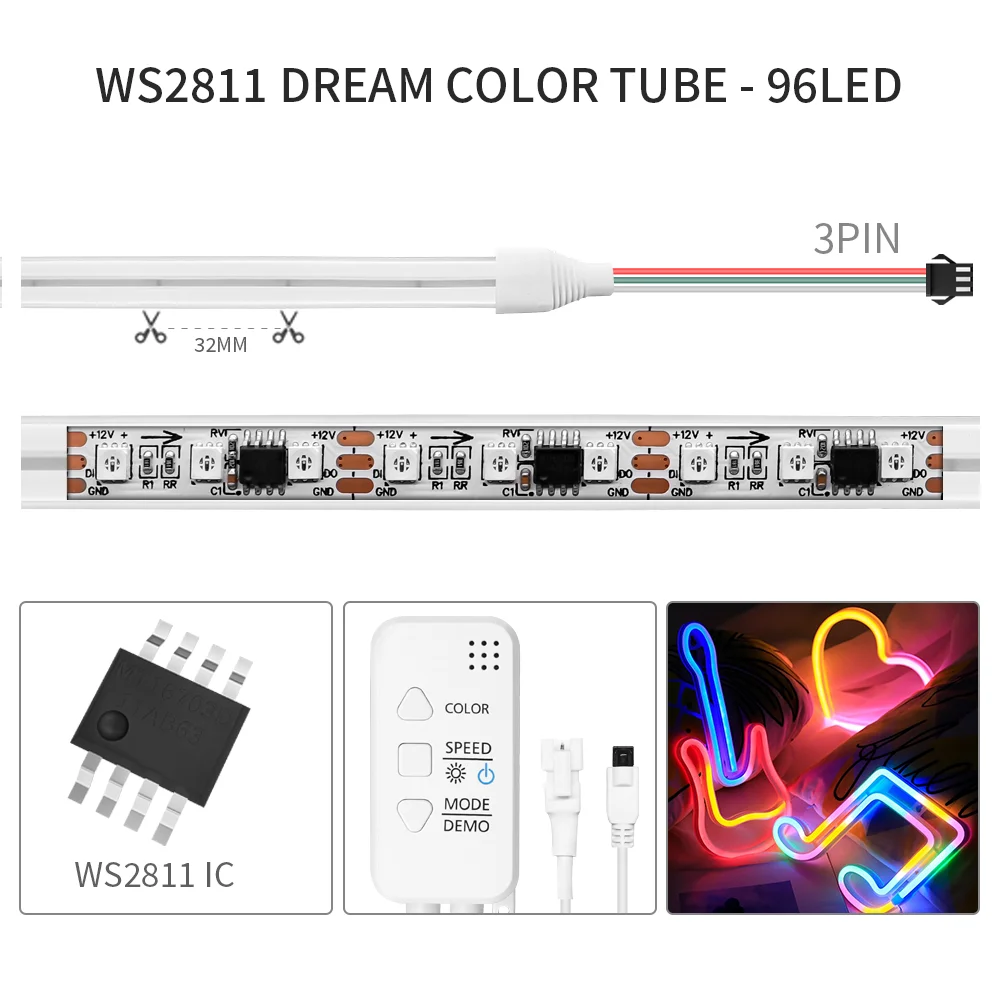 TUYA WS2811 Neon LED Strip 72/96LEDs/M Silicone Neon Lights With Music Sync RGB/RGBIC Dreamcolor Chasing Tape for Room DC12/24V