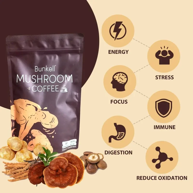 Mushroom Coffee Blend Supplement - Helps with Energy, Stress Management, Focus, Immunity, Digestion and Antioxidant Support