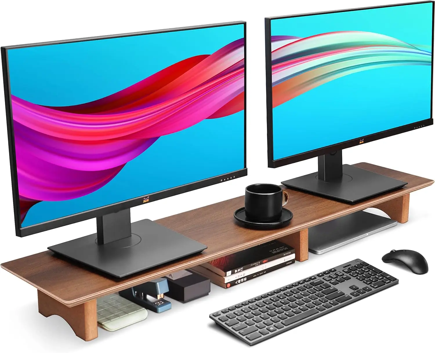 

Solid Wood Dual Monitor Stand Riser for Desk, 43 Inch Black Walnut Computer Monitor Riser with Cork Legs, Extra Long Desktop