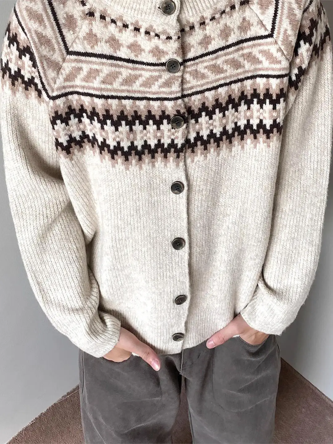 

Ретро-кардиган в японском стиле с узором Fair Isle, вязаный, с круглым вырезом, мужской, свободного кроя, универсальный, с ромбовидным узором, на пуговицах