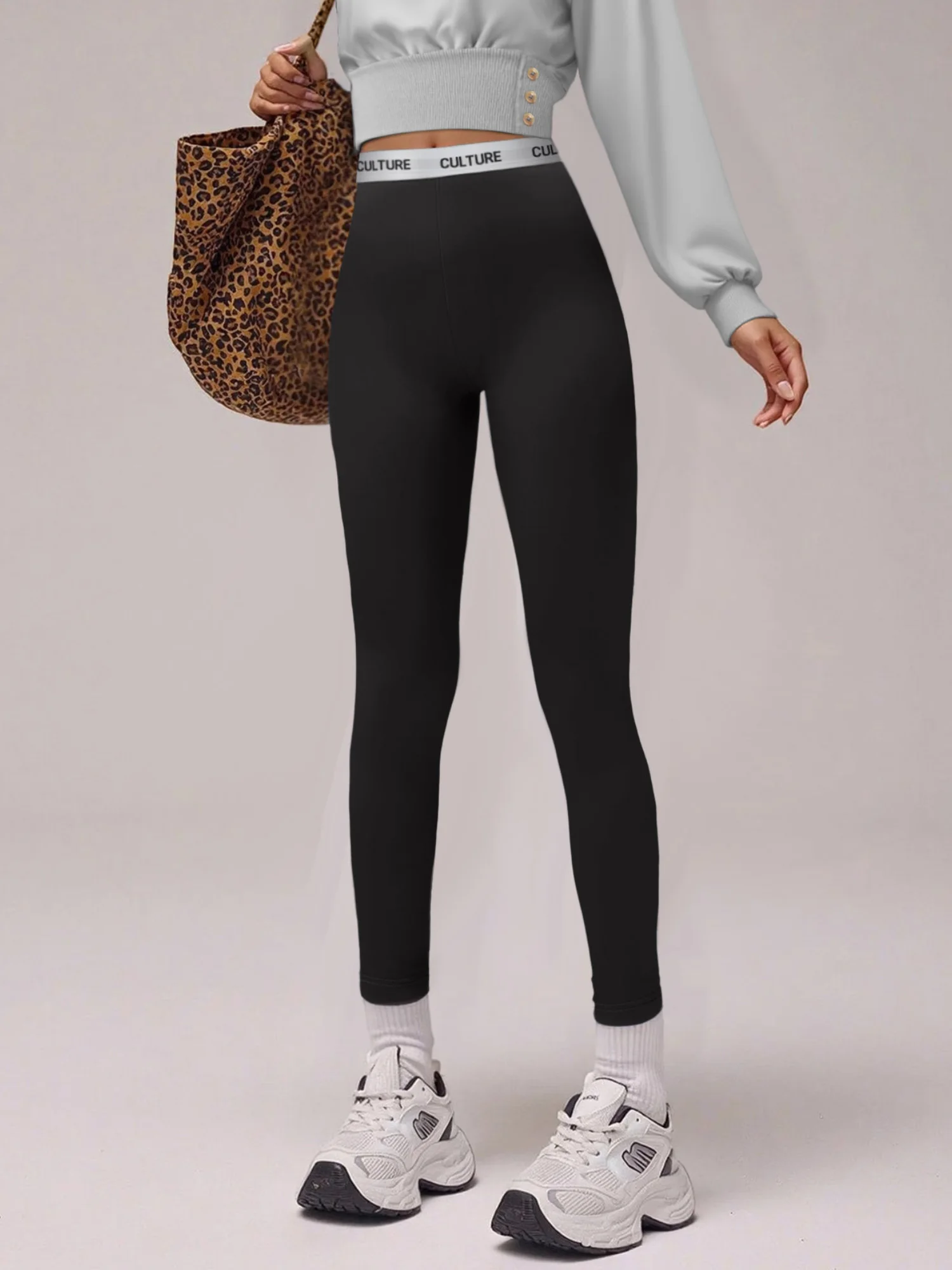 Coquette Style Women High‑Rise Letter Waistband Skinny Leggings Soft Stretchy Black Daily Wear Slim Fit Bottoms