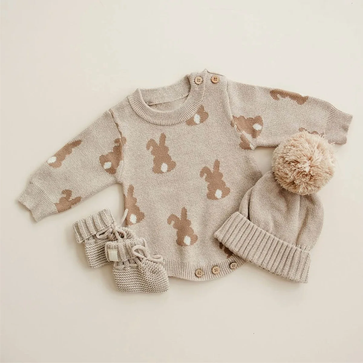 

2025 Autumn New Baby Long Sleeve Knit Bodysuit + Hat 2pcs Set Newborn Cute Cartoon Print Sweater Infant Toddler Jumpsuit 0-24M