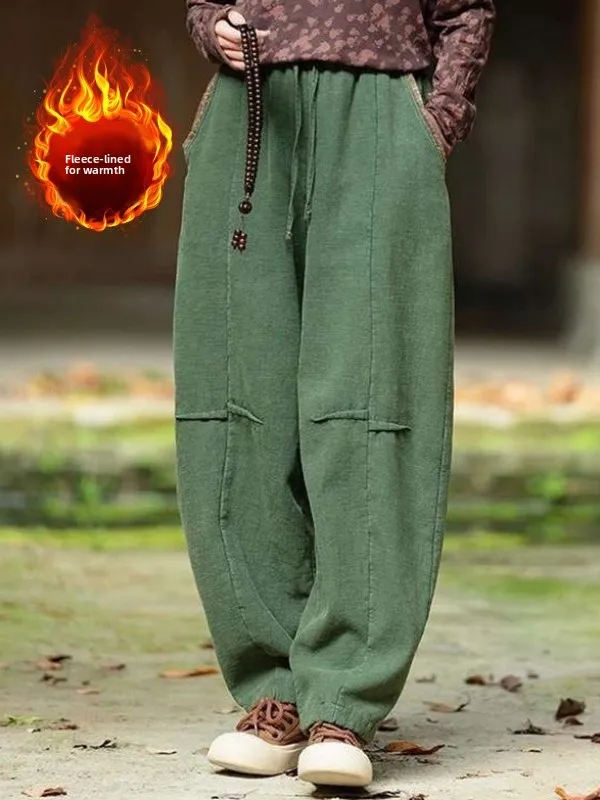 

Thickened Fleece Lined Lantern Pants Loose plus Size Women's Simple Zen Style Chinese Warm Cotton Trousers Autumn Winter
