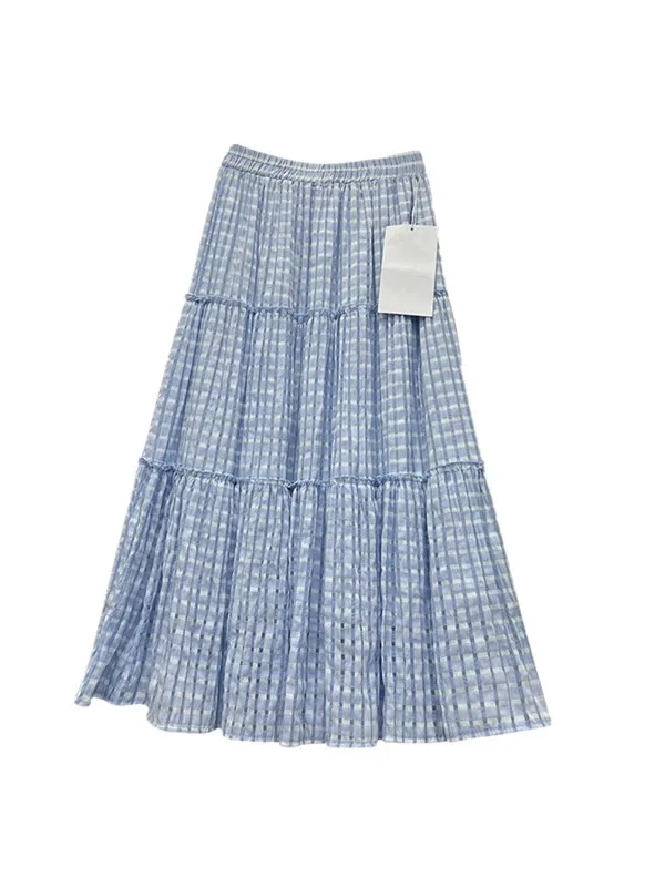 Koreańska Spódnica w Kratę Retro w Stylu A-Line Damska Spódnica Midi z Wysokim Stanem Letnia Elastyczna Spódnica Rozkloszowana Do Pracy Faion