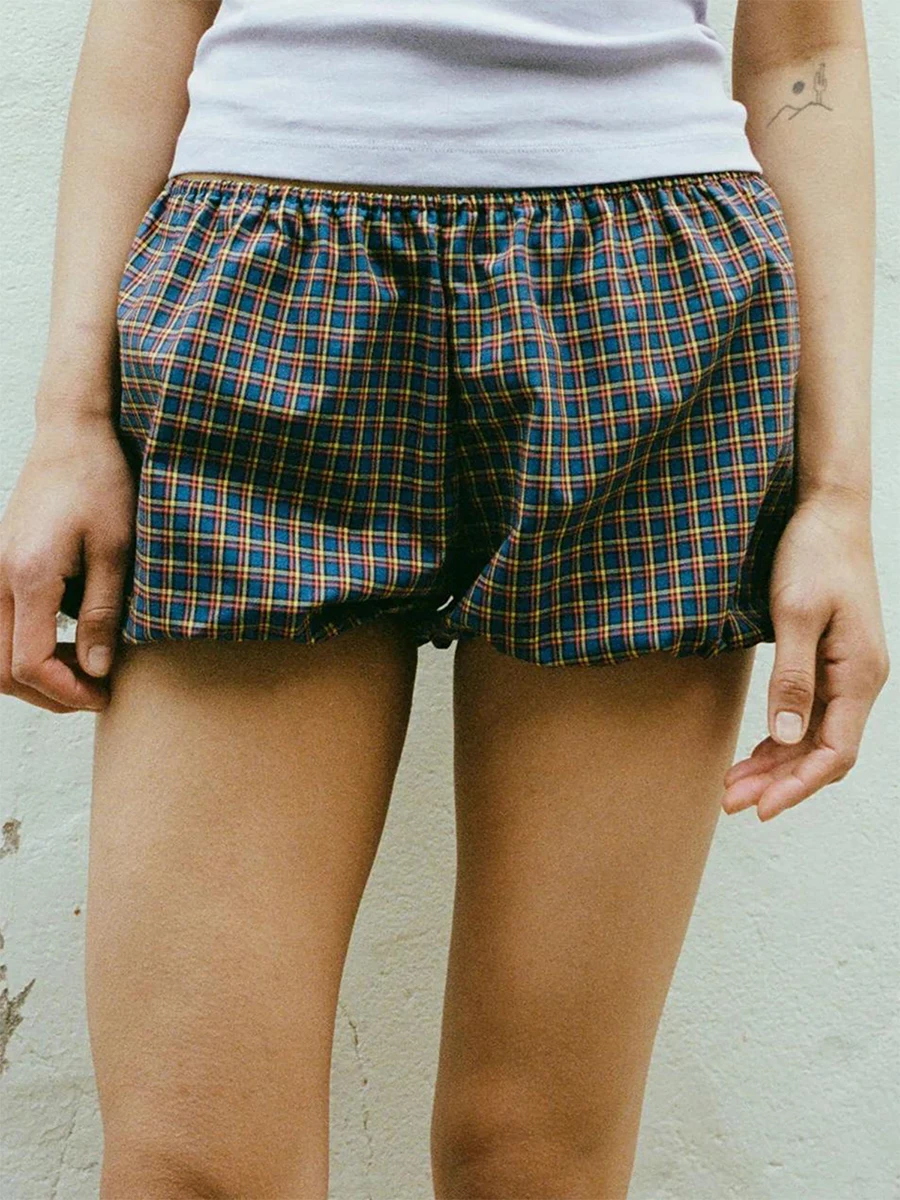 Women Plaid Shorts Elastic Waist Casual Shorts Summer Streetwear for Daily Date