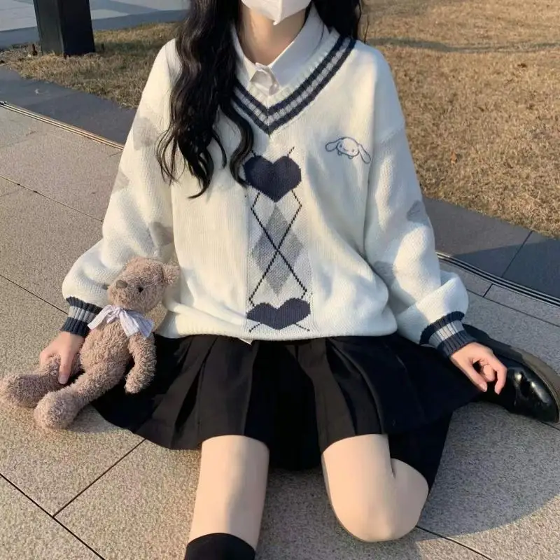 Jk Anime Cartoon Cinnamoroll V-Neck Sweater Embroidered Tops Women's Clothing Kawaii Y2K Loose College Style Knitwear Sweater