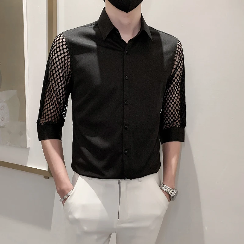 

High End Luxury Lace Hollow Fashion Three Quarter Sleeved Shirt Men Summer New Quality Wash And Wear Breathable Camisa Masculina