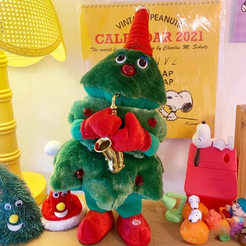 Novelty Dancing Christmas Tree Electric Plush Toys Singing Blow Saxophone Christmas Gifts Stuffed Toys For Children Party Decor