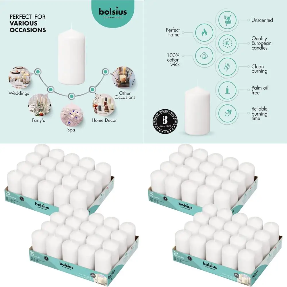 

Set of 40 Unscented 2x4 Inch Pillar Candles - 20+ Hours Burn Time - European Quality - Smokeless & Dripless
