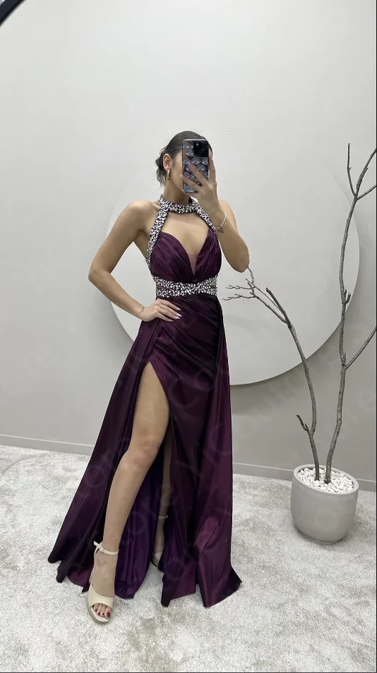 Vestidos de fiesta morados clásicos personalizados, vestidos de noche sin mangas con abertura en el muslo, vestido de fiesta de cumpleaños con cuello Halter, vestido de noche con espalda descubierta