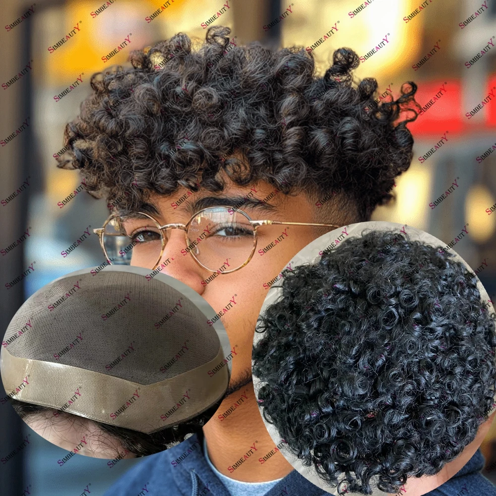 Afro Kinky Curly 15mm Black Men's Hair Replacement Toupee Durable Fine Mono European Hair Blonde Men's Toupee Porsthesis Natural