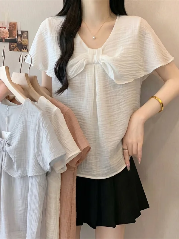 

Sweet Knot Doll Shirt Loose Fitting Short Sleeve Cover up Slimming Chiffon Top for plus Size Women Summer 2026