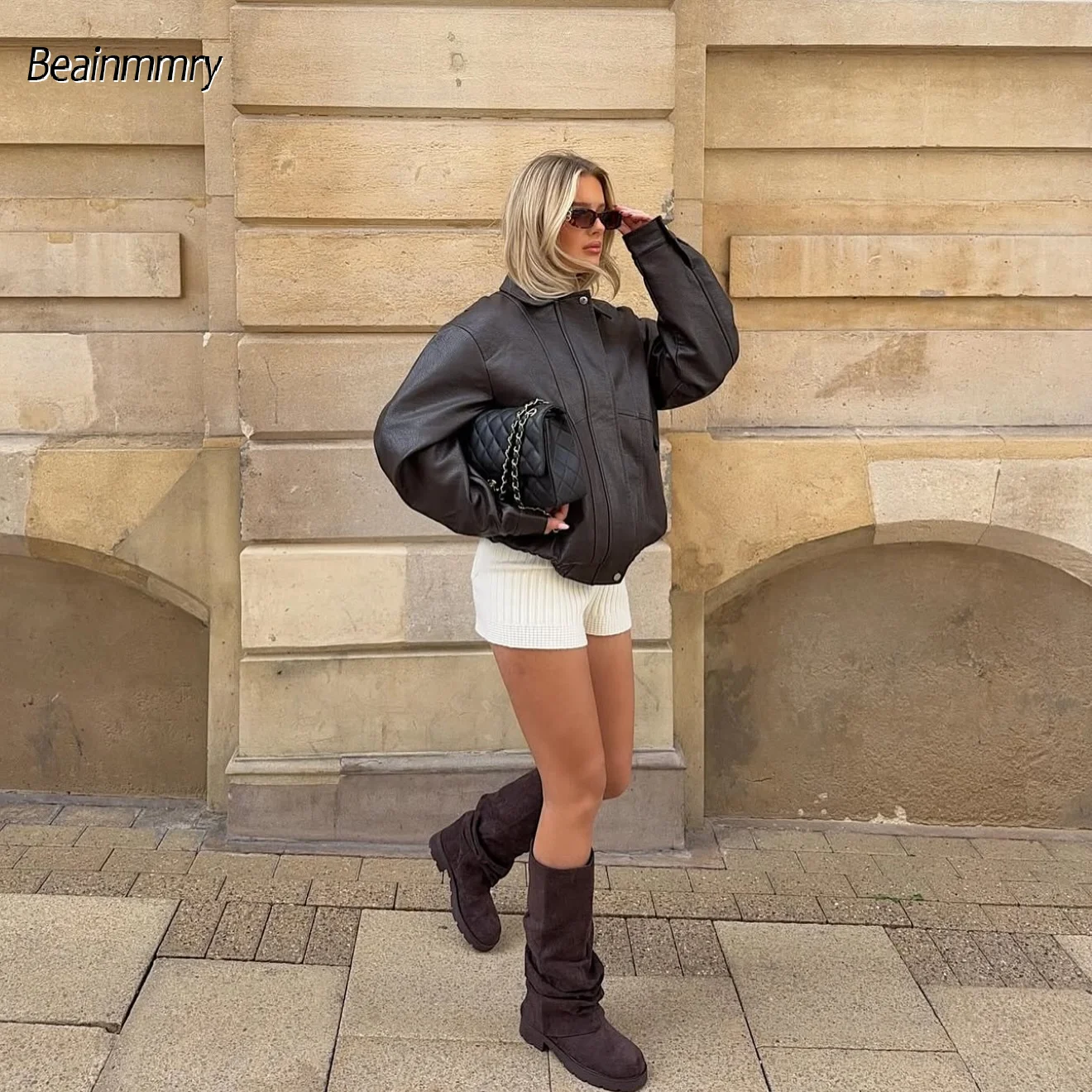 المرأة الصلبة الأسود بسيط التلبيب سترة جلدية موضة سحاب أكمام طويلة زر معطف 2025 الخريف سيدة شارع العليا فضفاض أبلى #3