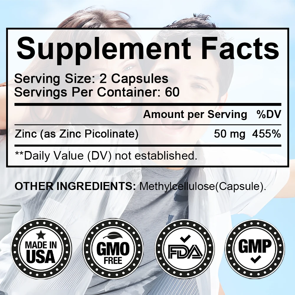 Zinc Capsules Help The Body\'s Immune Defense, Hair, Skin, Nails, Energy, Super Absorbable, Non-GMO, Gluten Free, Vegetarian