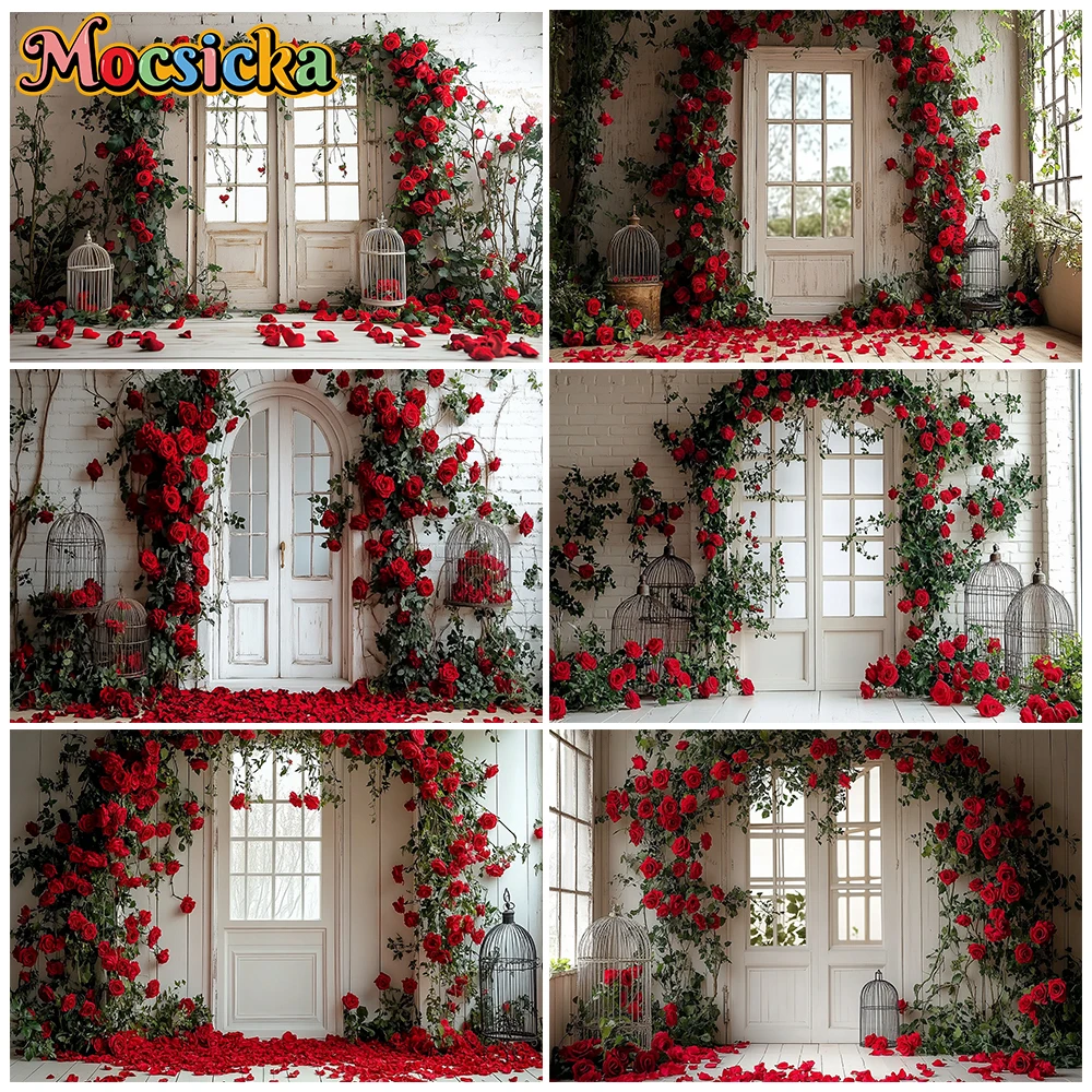 

Mocsicka Mother's Day Photography Background Door Red Rose Decor Photo Studio Wallpaper Adult Child Girl Women Portrait Backdrop