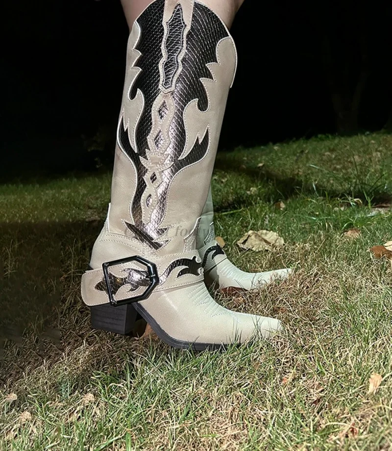 Western chunky heel leather vintage knee high boots women's embroidered pointed toe knight boots luxury designer boots