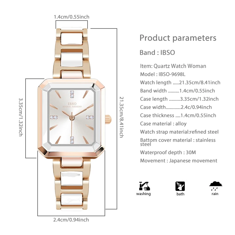 นาฬิกาข้อมือสแตนเลสสีขาวกันน้ำนาฬิกาข้อมือผู้หญิงหรูหรานาฬิกาควอทซ์สีดำแฟชั่นสำหรับสุภาพสตรีนาฬิกาข้อมือสี่เหลี่ยม