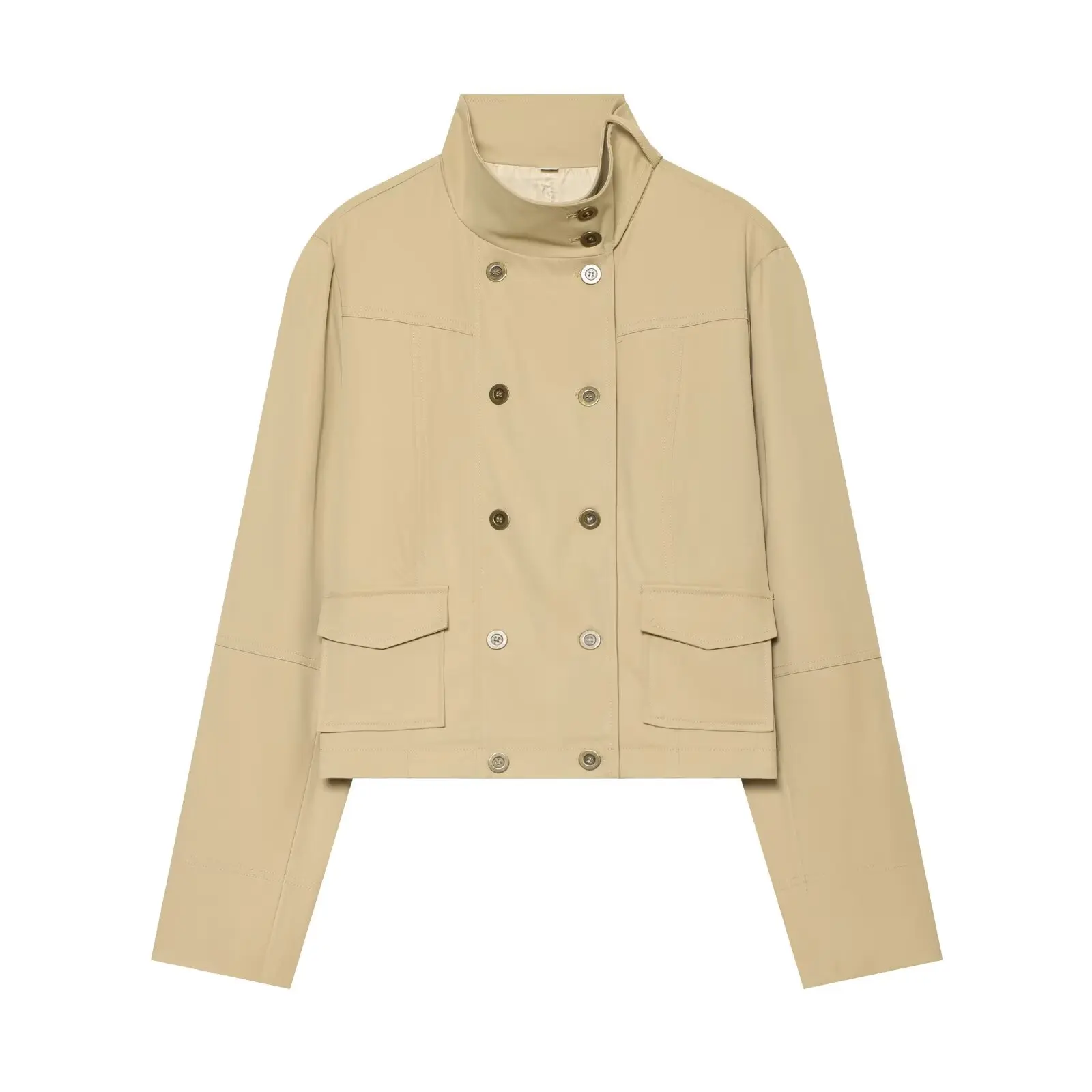 Women's Jacket 2026 New Fashion Minimalist Double-Breasted Pocket-Decorated Stand Collar Multifunctional Long Sleeve Elegant