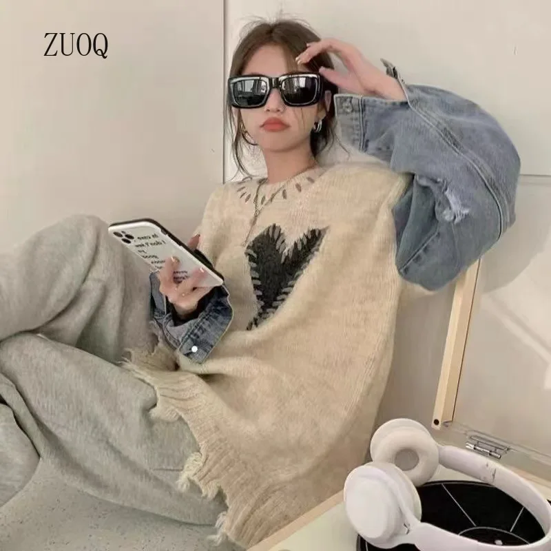 

Korean Style Fashion Pullovers Women Ripped Denim Splicing Long-sleeved Sweater O-neck Loose High Street Knitted Tops Female