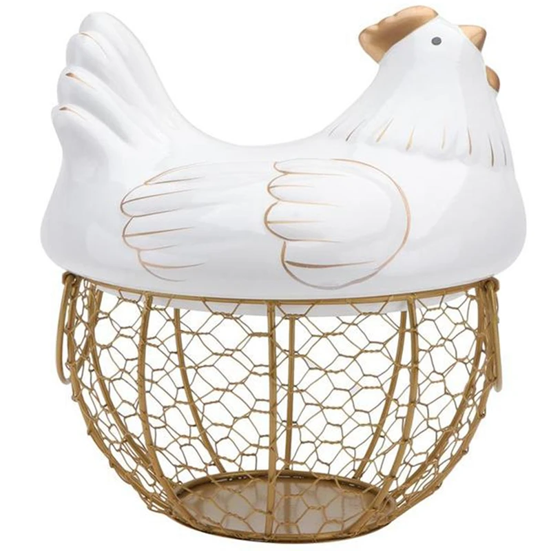 Hot Ceramic Iron Chicken Egg Basket Holder Snack Fruit Sundries Storage Box Hen Ornaments Container Organizer Rack