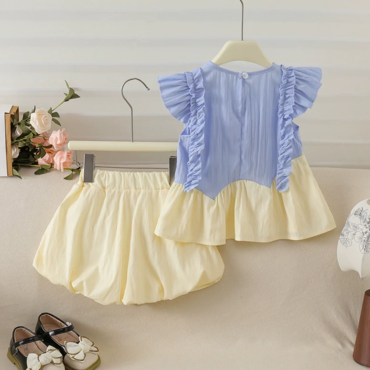 Girls' Summer Outfit New Style Children's Blue Clothing Stylish Short-Sleeve Baby Girl Thin Casual Summer Shorts Two-Piece Set