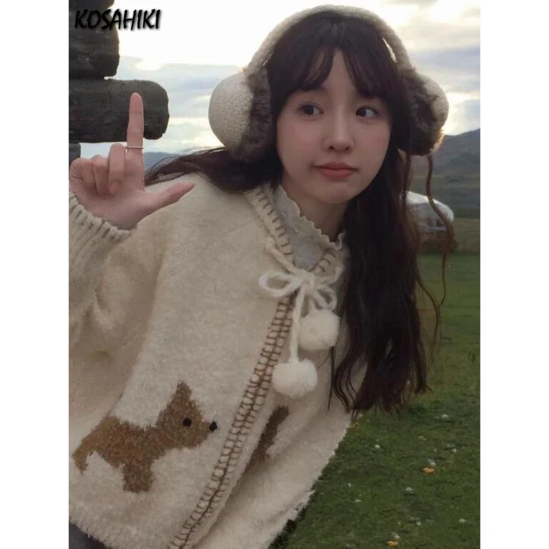 

Y2k Эстетическая уличная одежда с героями мультфильмов, вязаный кардиган с капюшоном, модные повседневные женские пальто на молнии, японские милые универсальные свободные топы