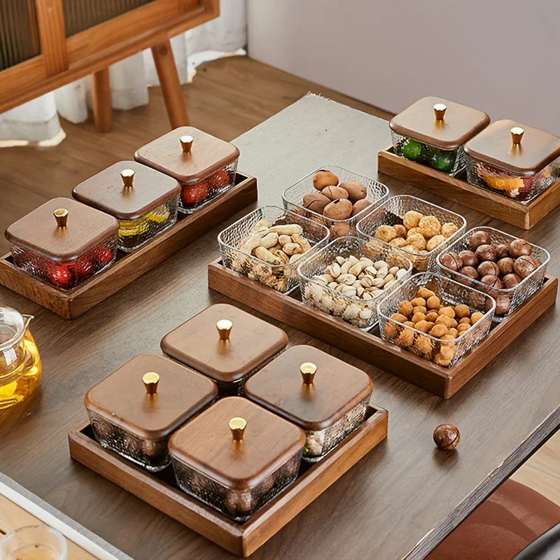 

New Style Walnut Cover Light Luxury Glass Fruit Bowl Tray Dim Sum Dried Fruit Box Snack Tray with Wooden Tray Kitchen Storage