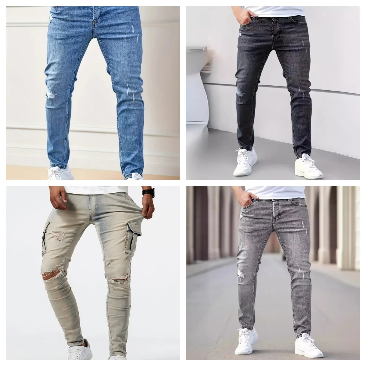 New men's jeans elastic slim fit pants street wear classic ripped cat whiskers casual jeans tight zipper denim clothing black bl