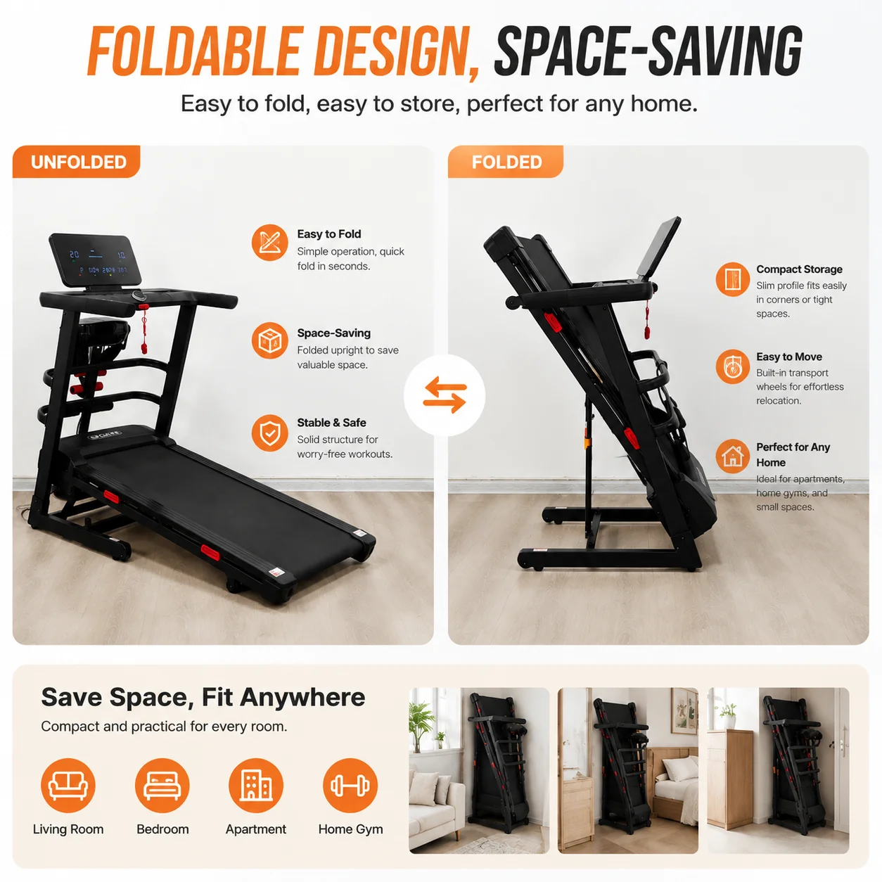 Heart Rate Monitor Quiet Hydraulic Foldable 10Level Incline Shock Absorbing Smart App Treadmill for Indoor Fitness