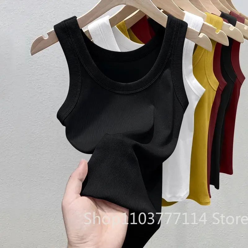 Damen Einfarbiges Geripptes Top mit Rundhalsausschnitt Sommer Basic Elastisches Spaghetti-Träger-Top Leichtes Kühles Basis-Shirt Ärmellose Weste – Detail 8