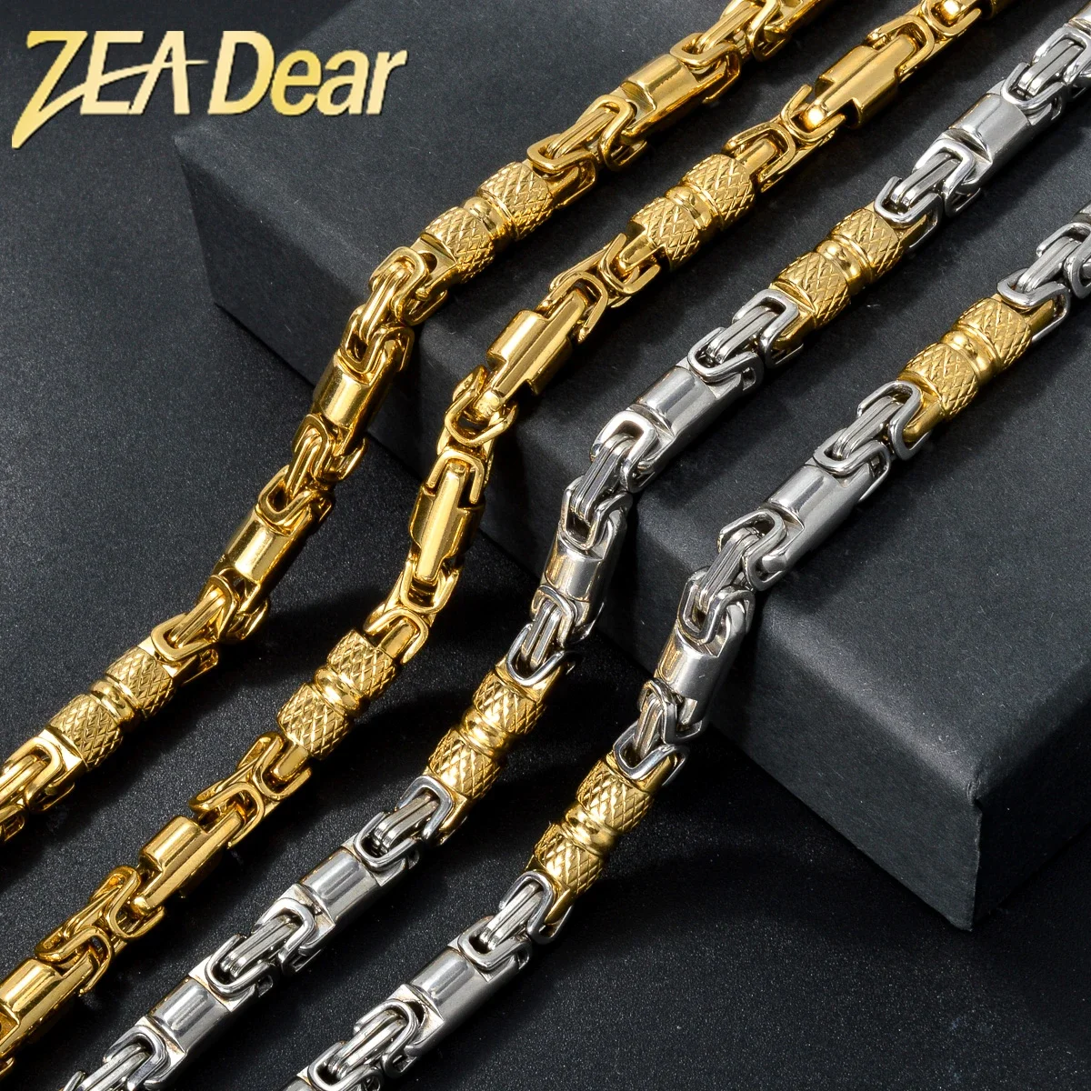 6mm Byzantium Link Chain Necklace Gold Color Stainless Steel Choker Chunky Thick Hip Hop Chain Party Jewelry