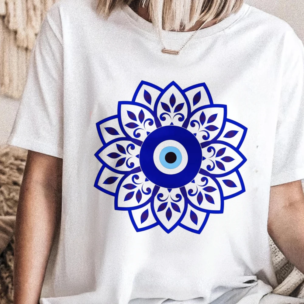 Retro Mandala Evil Eye Pattern T-Shirt Blue Spiritual Protection Amulet Boho Unisex Trendy Top Fashion Cotton Streetwear Tees