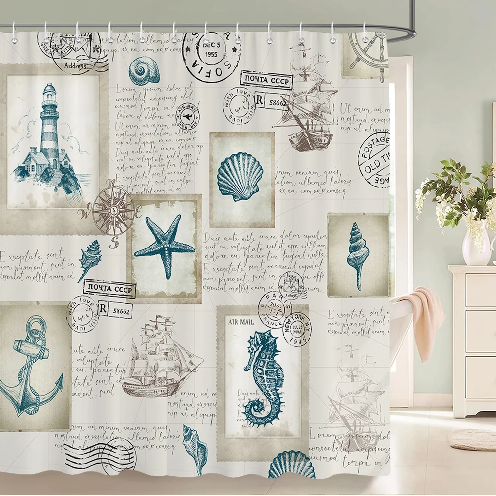 Nautical Coastal Shower Curtain Vintage Ocean Beach Starfish Seashell Seahorse Sailboat Lighthouse Bathroom Decor with Hooks