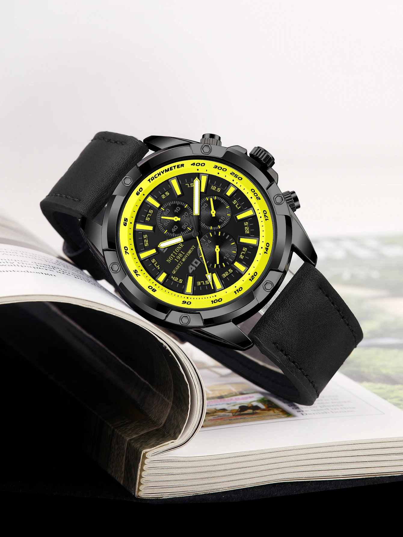 NOTIONR Men\'s All Carbon Black Strap Watch Men\'s Fake Three Eye Stainless Steel Watch Sports Waterproof Watch Reloj Hombre