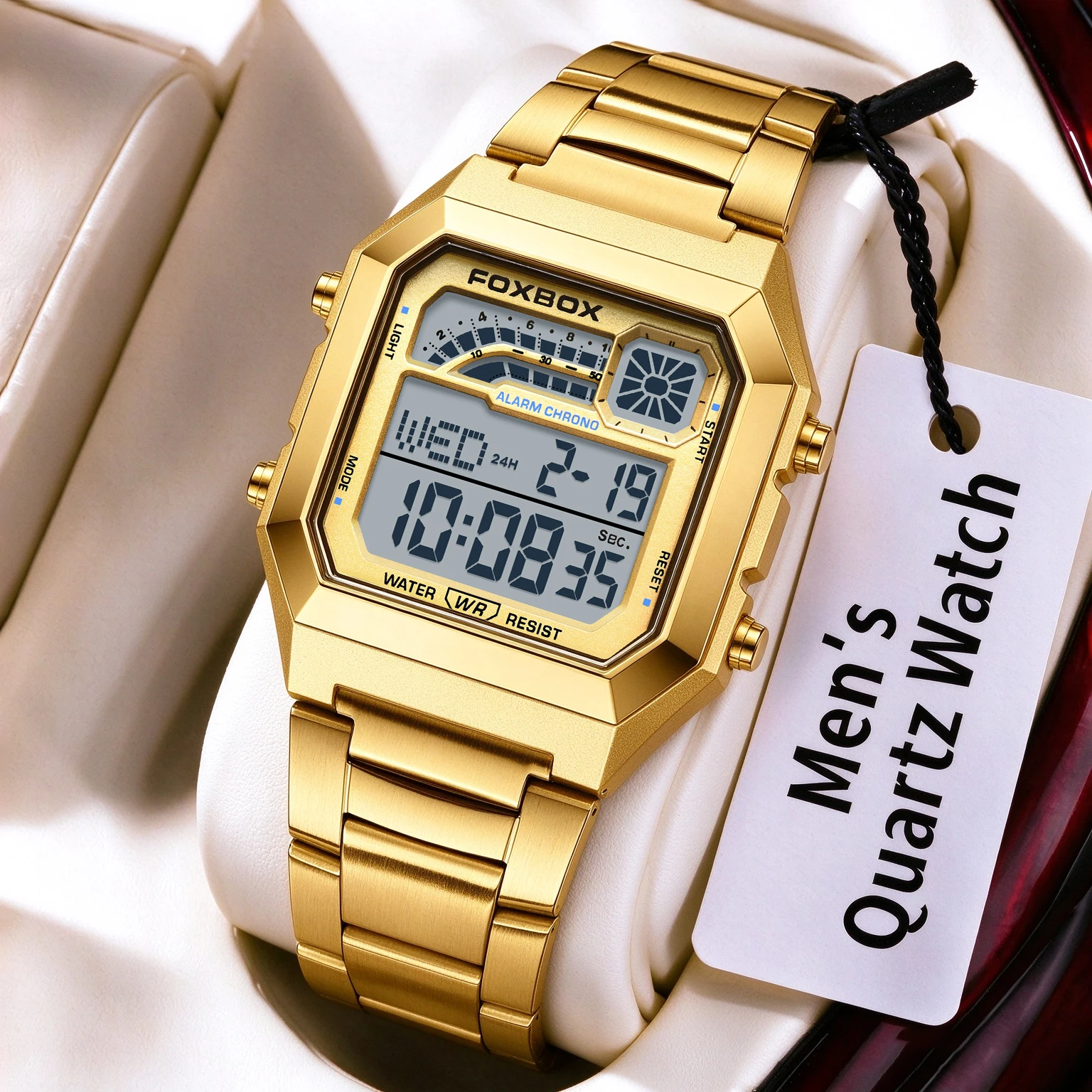FOXBOX Original Luxury Square Men Watch Quartz Sports Waterproof Wristwatch Business Fashion Business Numbers Digital Watch
