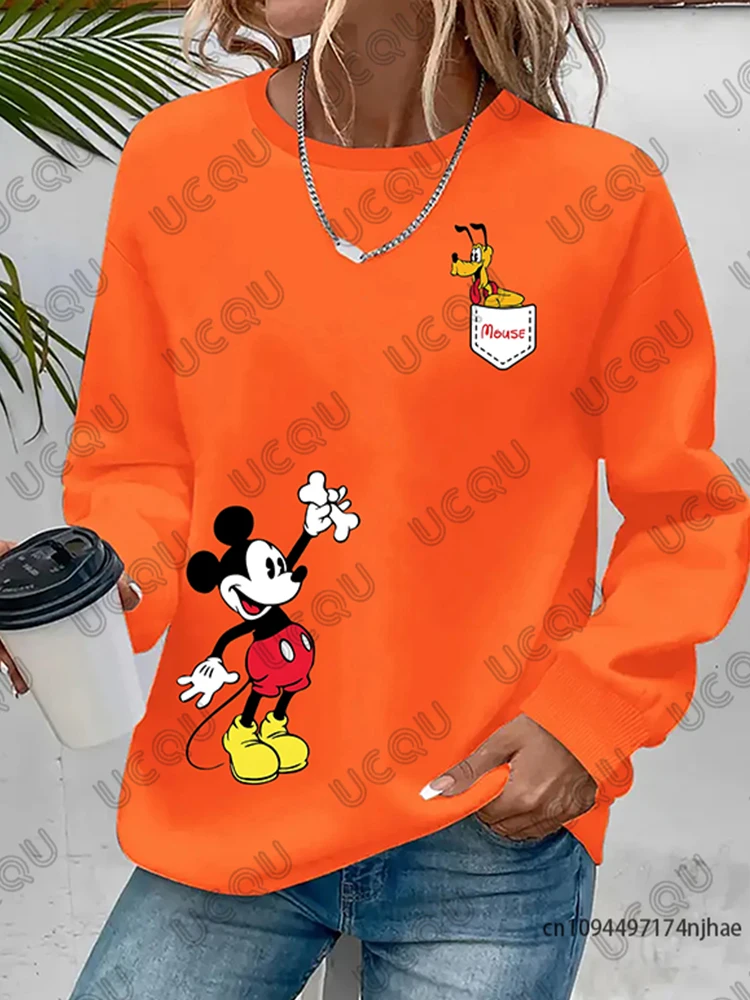 مينو ميكي ماوس وبلوتو طباعة كم طويل تي شيرت للنساء الخريف موضة بلون بلوزات غير رسمية بلوزات المتضخم