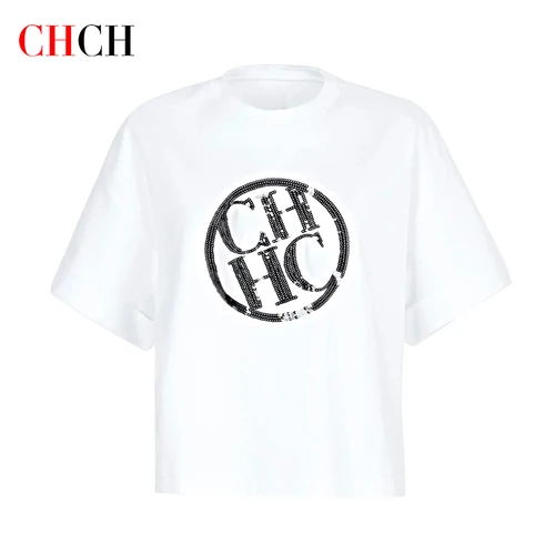 Imagen 2 del producto CHCH-Camiseta de algodón de lujo para mujer, Tops básicos clásicos de manga corta con cuello redondo, camiseta de alta calidad 2024